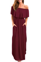 Burgundy Flounce Off Shoulder Maxi Jersey Dress