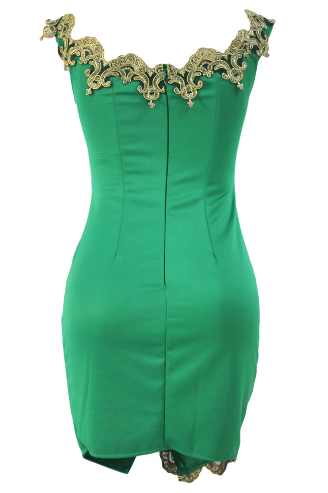 Gold Lace Applique Green Off Shoulder Mini Dress