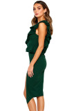 Hunter Green Asymmetric Ruffled One Shoulder Midi Dress