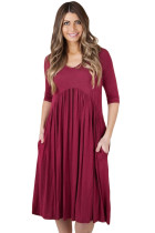 Wine 3/4 Sleeve Draped Swing Dress