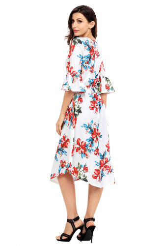 White 3/4 Bell Sleeve Floral Midi Dress