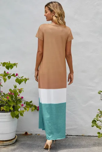 Brown Triple Color Block Holiday Maxi Dress