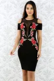 Mesh Combine Embroidered Rose Cold Shoulder Bodycon Dress