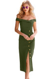 Green Military Button Off-The-Shoulder Vintage Dress