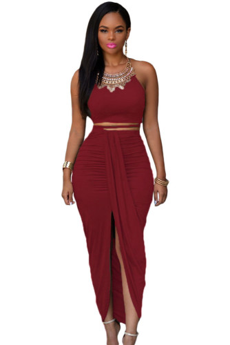 Date Red Cotton Two Piece Maxi Skirt Set