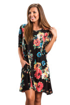 Black Floral Long Sleeve A-Line Tunic Dress