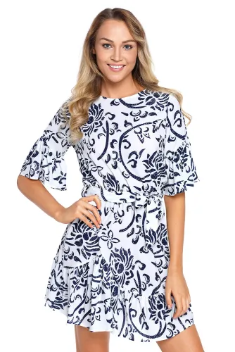 Blue Floral Pattern Ruffle Hem Chiffon Dress