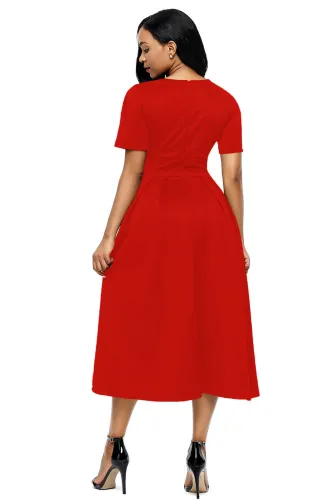Red Split Neck Short Sleeve Midi Dress with Bowknots