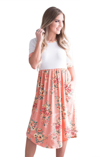 Peach Floral Skirt T-shirt Midi Dress