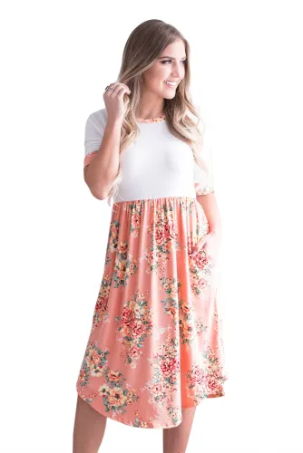 Peach Floral Skirt T-shirt Midi Dress