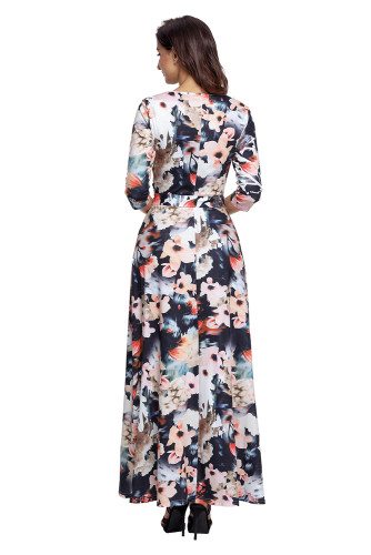 Dark Floral Print Wrapped Long Boho Dress