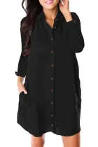 Black Long Sleeve Buttoned Crepe Shirt Dress