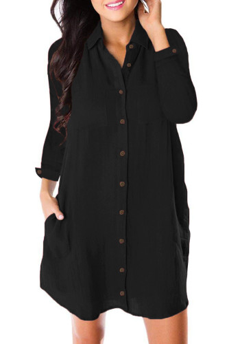 Black Long Sleeve Buttoned Crepe Shirt Dress