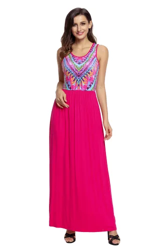 Stylish Tribal Print Sleeveless Rosy Maxi Dress