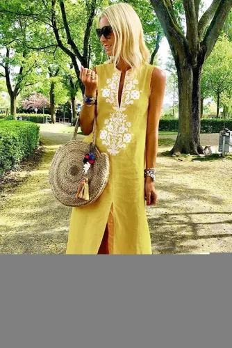 Yellow Sleeveless Casual Slit Geometric Summer Dress