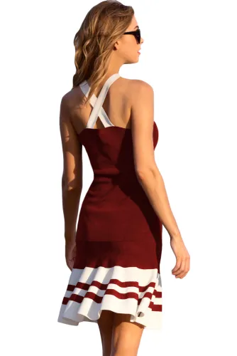 Burgundy White Cute Ruffle Hem Mini Dress