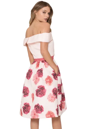Pink Off Shoulder Flared Floral Dress