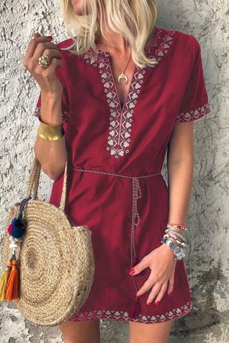 Red Summer Boho Embroidered V Neck Short Sleeve Casual Mini Dress
