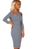 Gray 3/4 Sleeve Cross Over Bodycon Midi Dress