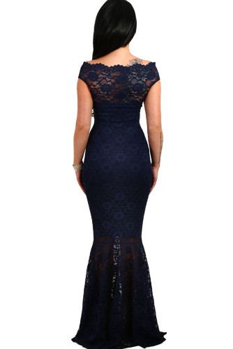 Navy Bardot Lace Fishtail Maxi Dress
