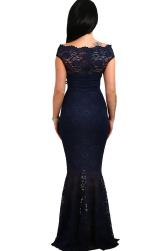 Navy Bardot Lace Fishtail Maxi Dress