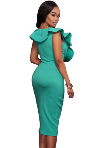 Turquoise Ruffle V Neck Bodycon Midi Dress