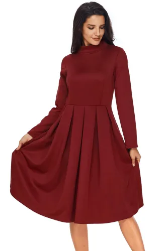 Burgundy Pocket Style High Neck Skater Dress