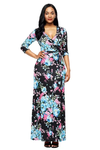 Black Blue Floral Print Wrapped Long Boho Dress