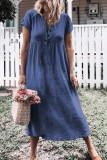 Blue Solid Button Deep V-Neck Casual Dress