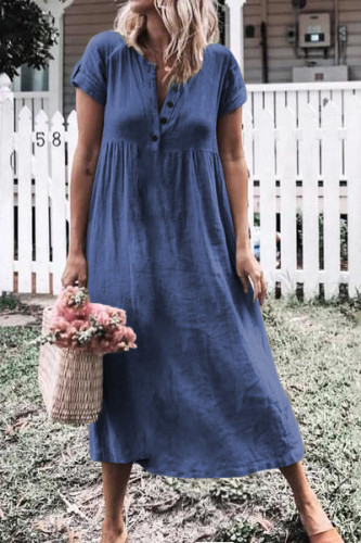 Blue Solid Button Deep V-Neck Casual Dress