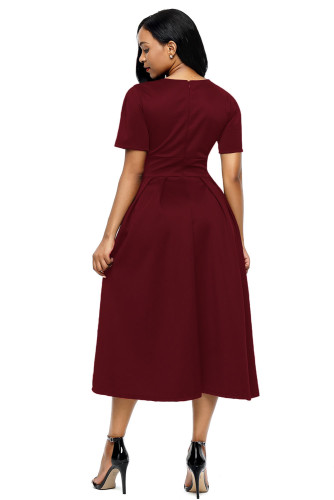 Claret Split Neck Short Sleeve Midi Dress with Bowknots
