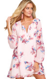 Pink Floral Print V Neck Chiffon Dress