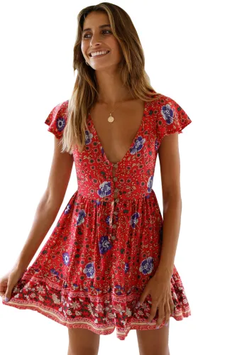 Orange Red Floral Print Valentina Dress