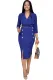 Blue Three-Quarter Sleeve Knee Length Notched Lapel Pencil Dress