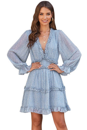 Sky Blue Ruffle Detailing Open Back Floral Dress