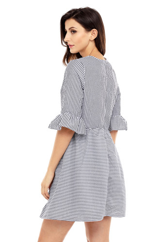 Black White Stripe Flounce Sleeve Seersucker Dress