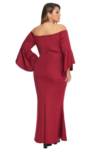 Red Plus Size Off Shoulder Flare Sleeve Maxi Dress
