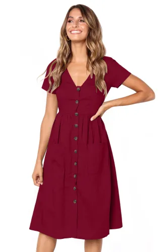 Red Stylish Button Front Midi Dress with Pockets