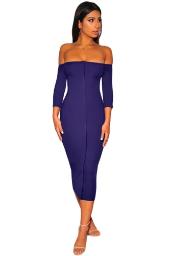 Invisible Buttoned Navy Blue Off Shoulder Midi Dress