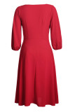 Red Button Front Balloon Sleeve Vintage Dress