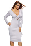 Grey Multi-way Deep V Neck Knot Tie Long Sleeve Midi Dress