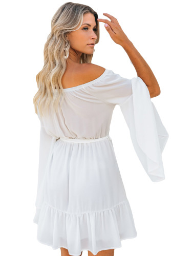 White Pocketed Off Shoulder Flare Dress