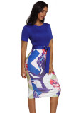 Blue Bowknot Short Sleeve Printed Sheath Dress