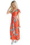 Poppy Red Floral Print Cap Sleeve Maxi Dress