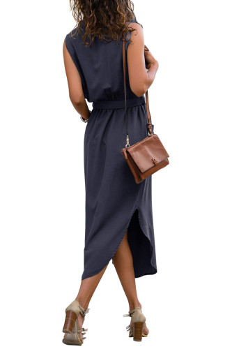 Blue Sleeveless Shirt Long Dress with Pockets