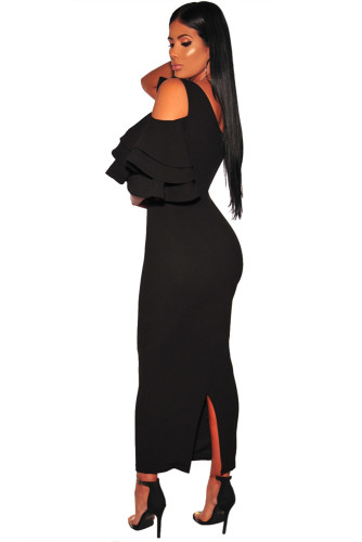 Black Tiered Sleeve Cold Shoulder Bodycon Dress