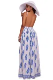 White Blue Print Open Back Maxi Dress
