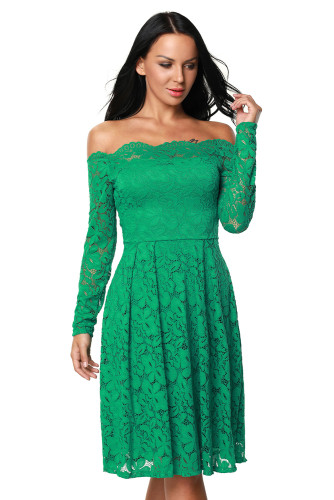 Green Long Sleeve Floral Lace Boat Neck Cocktail Swing Dress