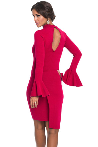 Red Keyhole Back Asymmetric Bodycon Midi Dress