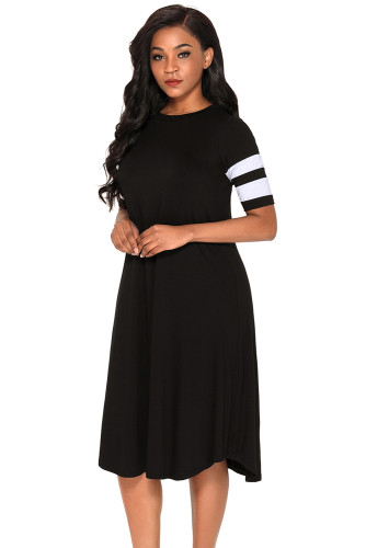 Striped Half Sleeves O Neck Flowy Jersey Dress in Black